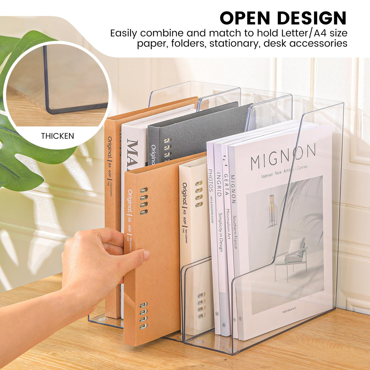 CiWiVOKi Vertical File Holder, PET Desk Organizer, Multi-purpose Plastic Document Storage Bins for Magazines, Binders, Notebooks, Envelopes, 2 Pack