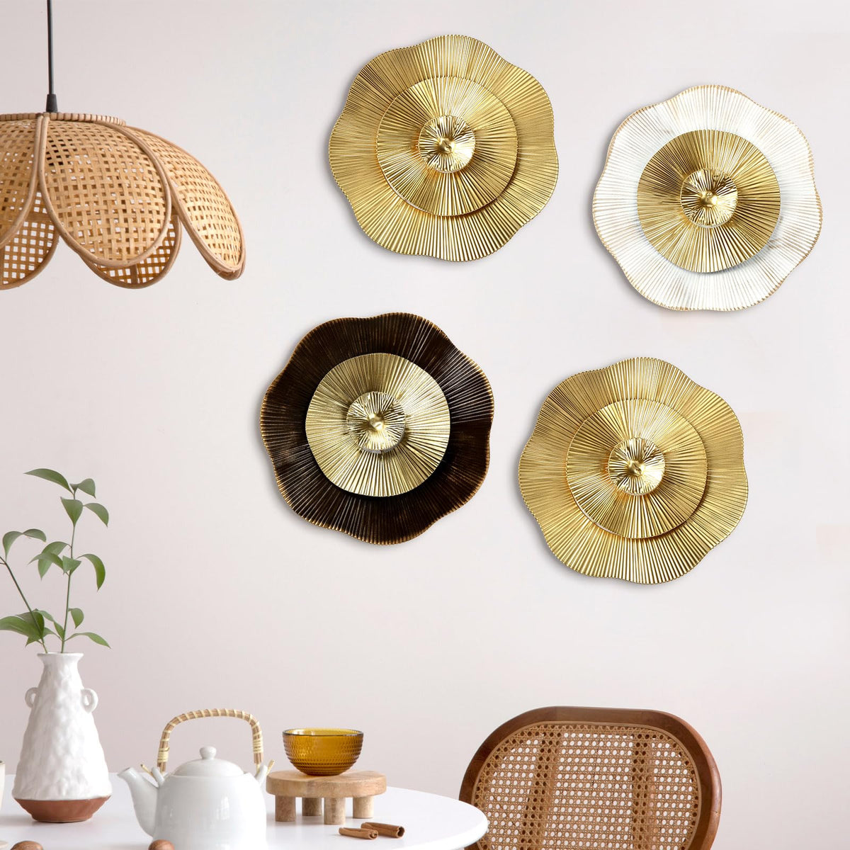 Shimeyao 4 Pcs 12 Inch Gold Wall Decor Metal Flower Plate Art Hanging Wall Decorations Modern Metai Decorations for Home Living Room Office Bedroom Bathroom Floral Sculpture