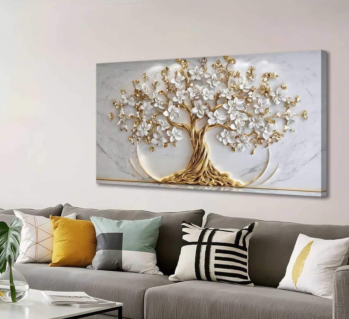 Tree of Life Canvas Wall Art Gold White Flowers Wall Decor Picture Natural Landscape Poster Print Artwork For Living Room Bedroom Office Paintings Decoration Prepare to hang 32x16in