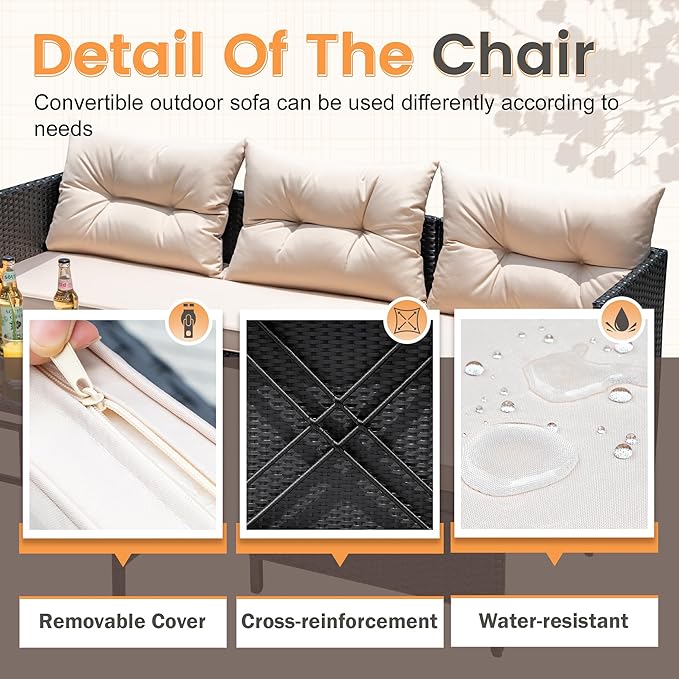 Devoko Outdoor Patio Furniture 3-Piece Rattan Waterproof Outdoor Sectional Sofa