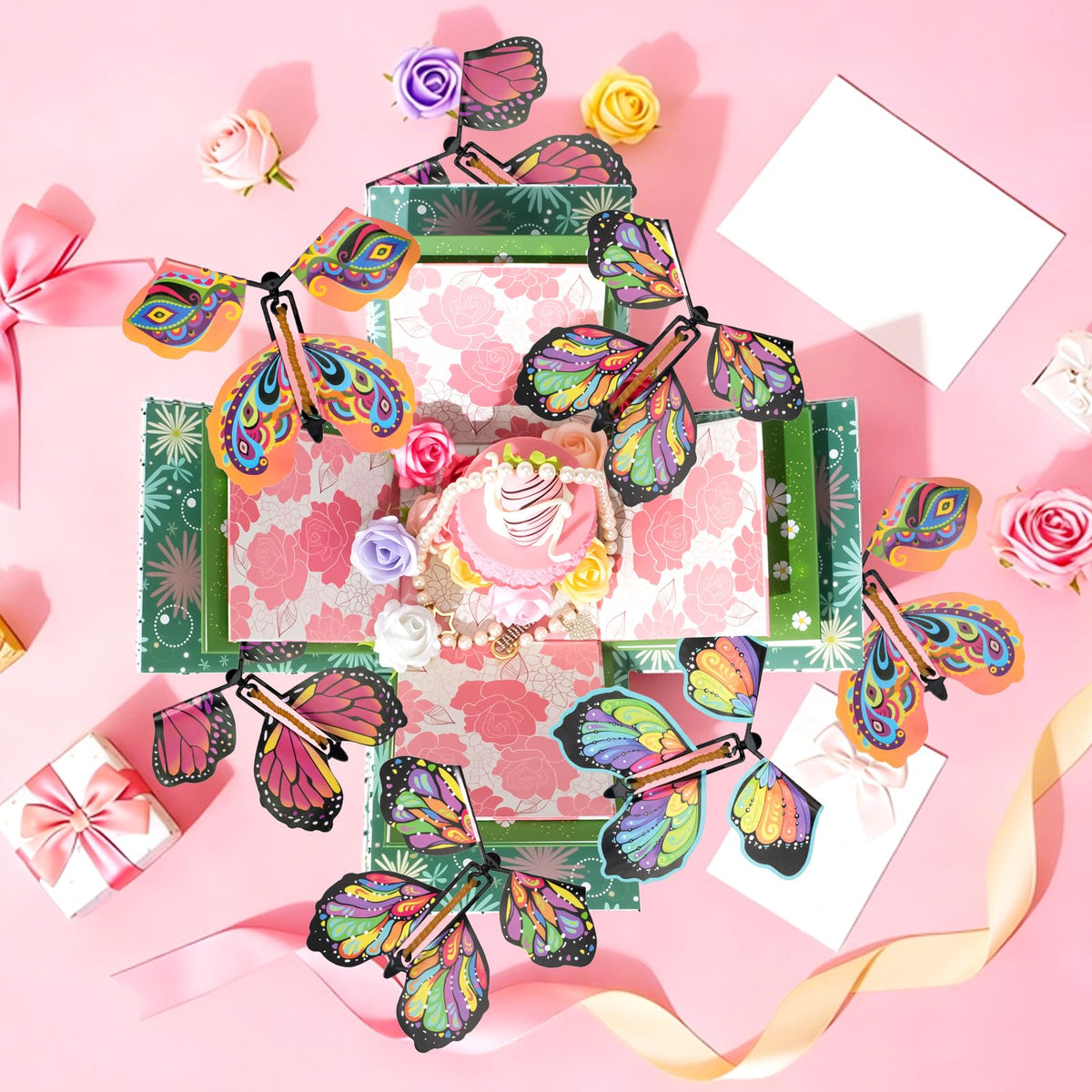 ELDGREON Explosion Gift Box, Flying Butterfly Surprise Gifts Box, DIY White Gift Included Butterfly Kit and Faux Rose Head for Birthday, Weddings, Mother's Day, Anniversaries