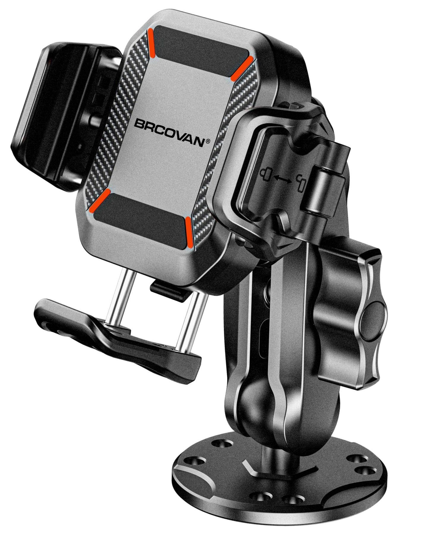 BRCOVAN Anti-Theft Phone Mount Holder with Vibration Dampener [Camera Friendly] [1s Lock & Release] with Aluminum Round Base & Medium Arm, for Car Boat Truck Motorcycle UTV, Fit 5.4-7.2'' Smartphones