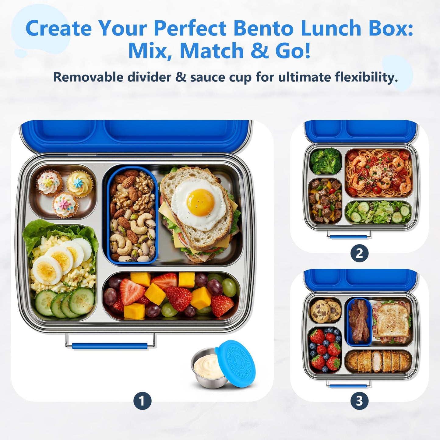 Zeekala Stainless Steel Bento Lunch Box for Kids & Adults, 4 Compartment Kids Lunch Box, Metal Bento Box with Silicone Container and Stainless Steel Sauce Container,BPA-Free,School,Office(Blue)