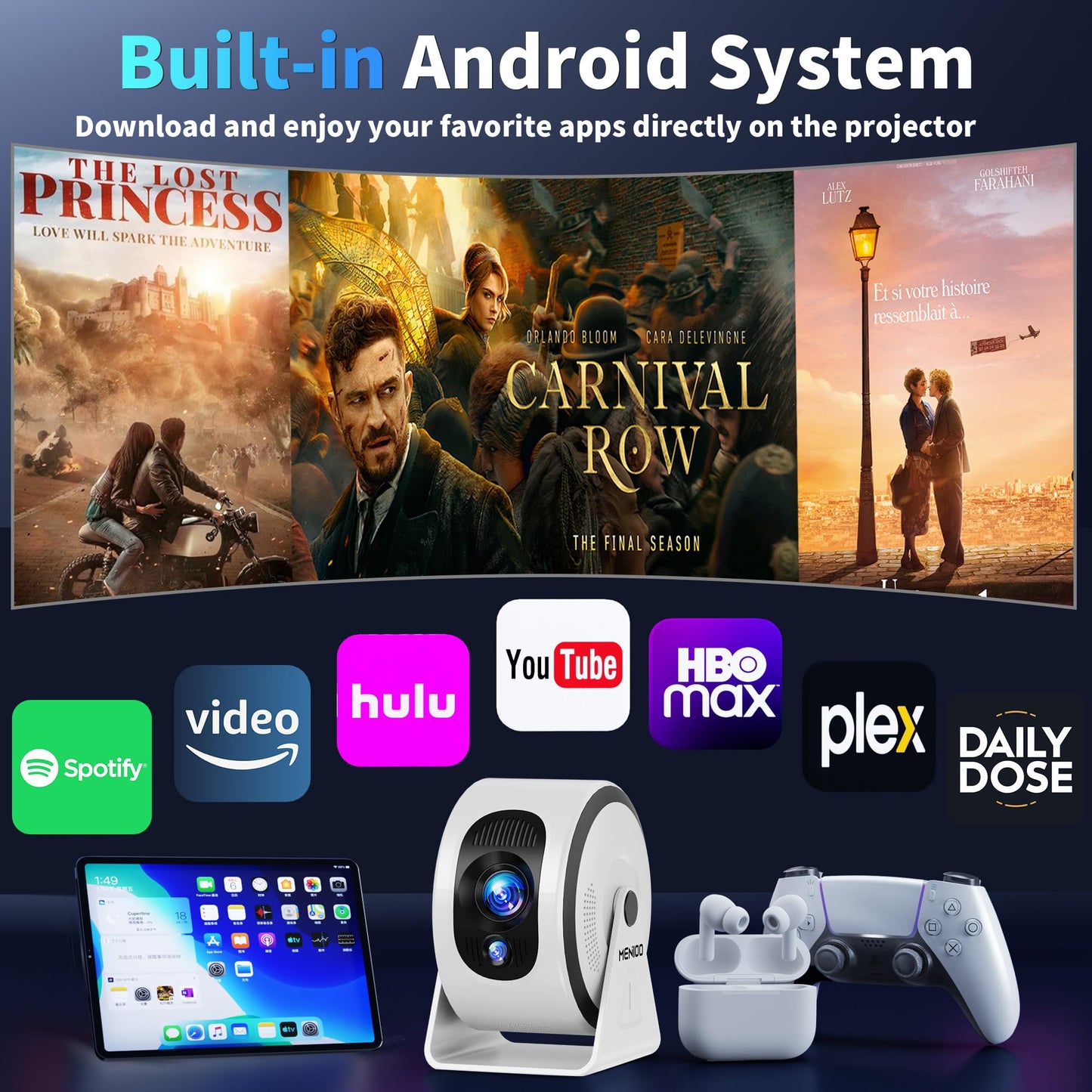 Mini Projector 4K 1080P [Built-in Apps] 2026 Upgraded Projector Portable, Auto Focus & Auto Keystone 360° Rotatable, with WiFi 6 & Bluetooth 5.4 Compatible with HDMI/TV Stick/USB/Laptop,White