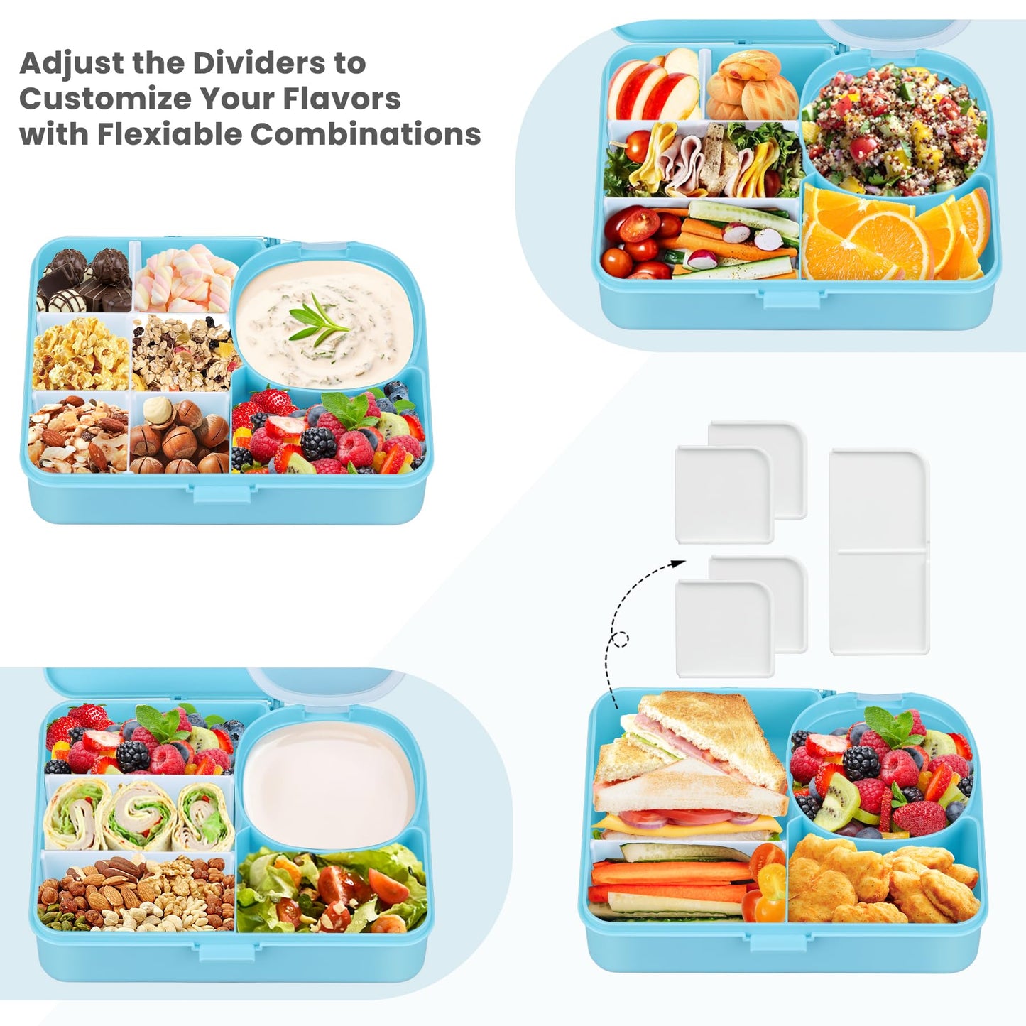 wiwens Snack Box Container for Kids Adults Reusable Snackle Box with Adjustable Dividers Airtight Snack Organizer with Compartents Toddler Bento Lunch Box Leak Proof for Office,School,Travel,Outdoor