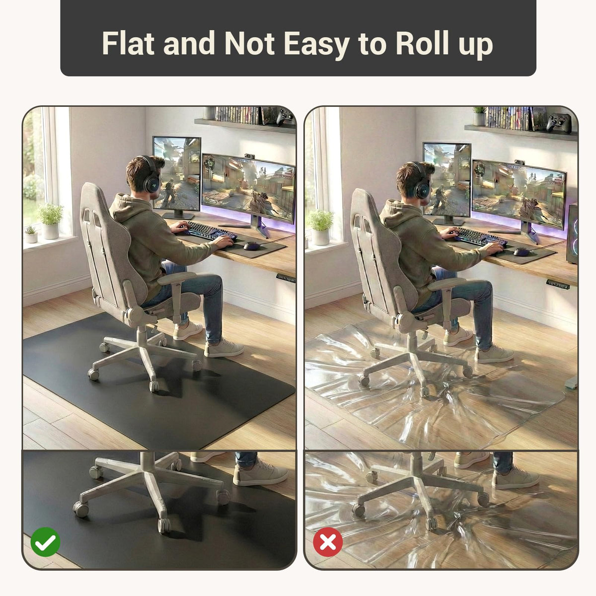 Office Rolling Chair Mat for Hardwood and Tile Floor, Black, Anti-Slip, Non-Curve, Chair Mat Best for Under The Computer Desk, 47 x 35 Rectangular Non-Toxic Plastic Protector, Not for Carpet