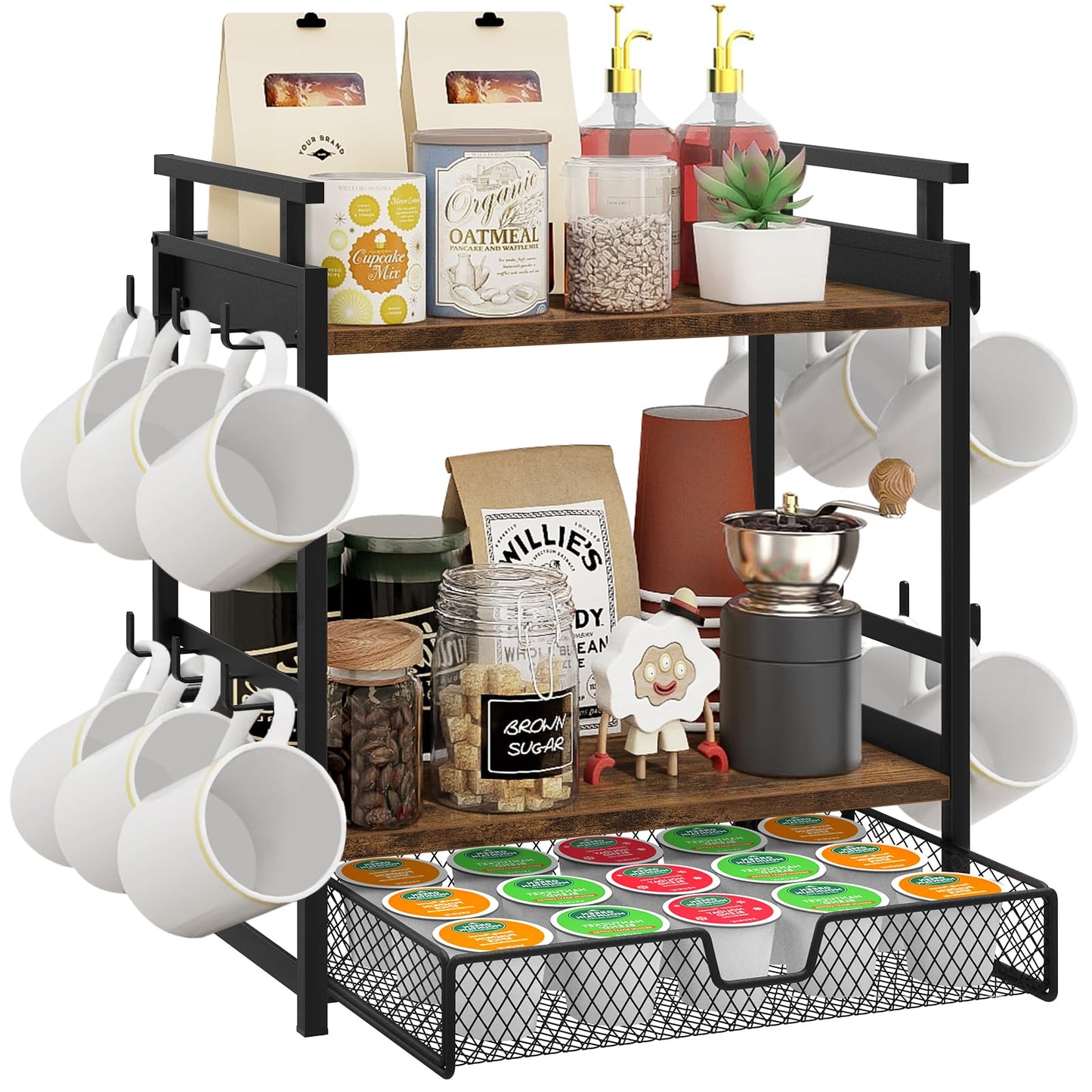 BCOZLUX Coffee Bar Organizer, 3 Tier Coffee Station Organizer for Countertop, Mug Cup Holder Stand with 12 Hooks, with K Cup Storage Drawer, Tea Organizers Accessories for Home Office