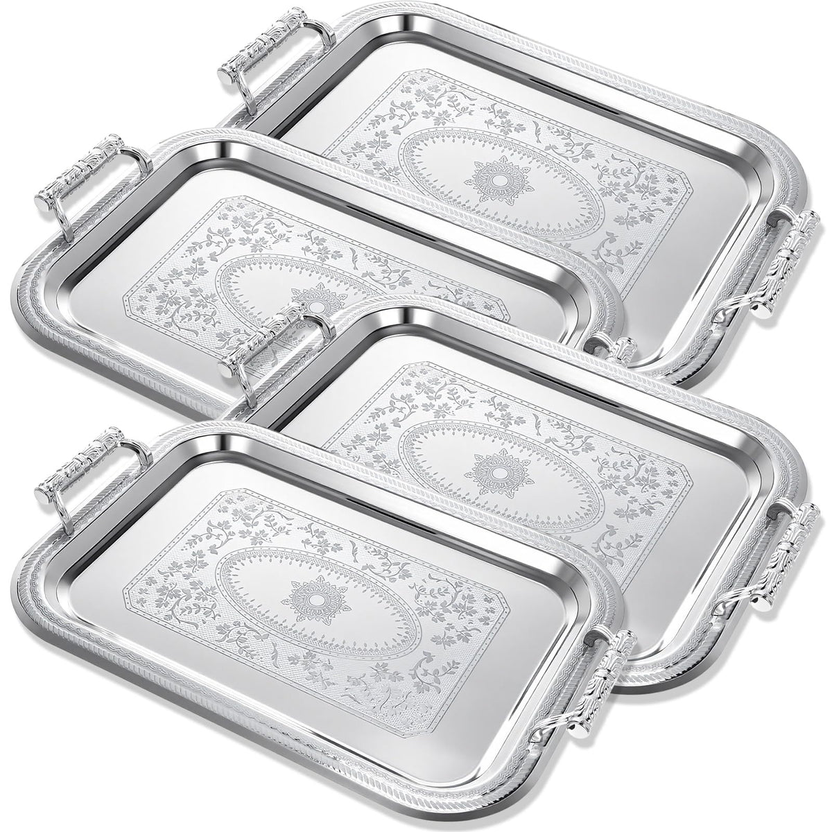 Teecyhooo 4 Pack Stainless Steel Serving Tray with Handle, 16 x 11.4 Inch Large Silver Plate Elegant Floral Metal Platter Tableware for Buffet Wedding Birthday Decorative