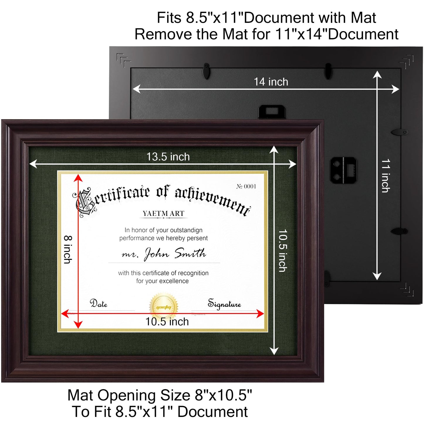 Yaetm 11x14 Diploma Frame, Certificate Frame with Tempered Glass, Display 8.5x11 Document with Dark Green Over Gold Acid-free Mat or 11 x 14 without Mat, Wide Molding (Single, Brown/Green)
