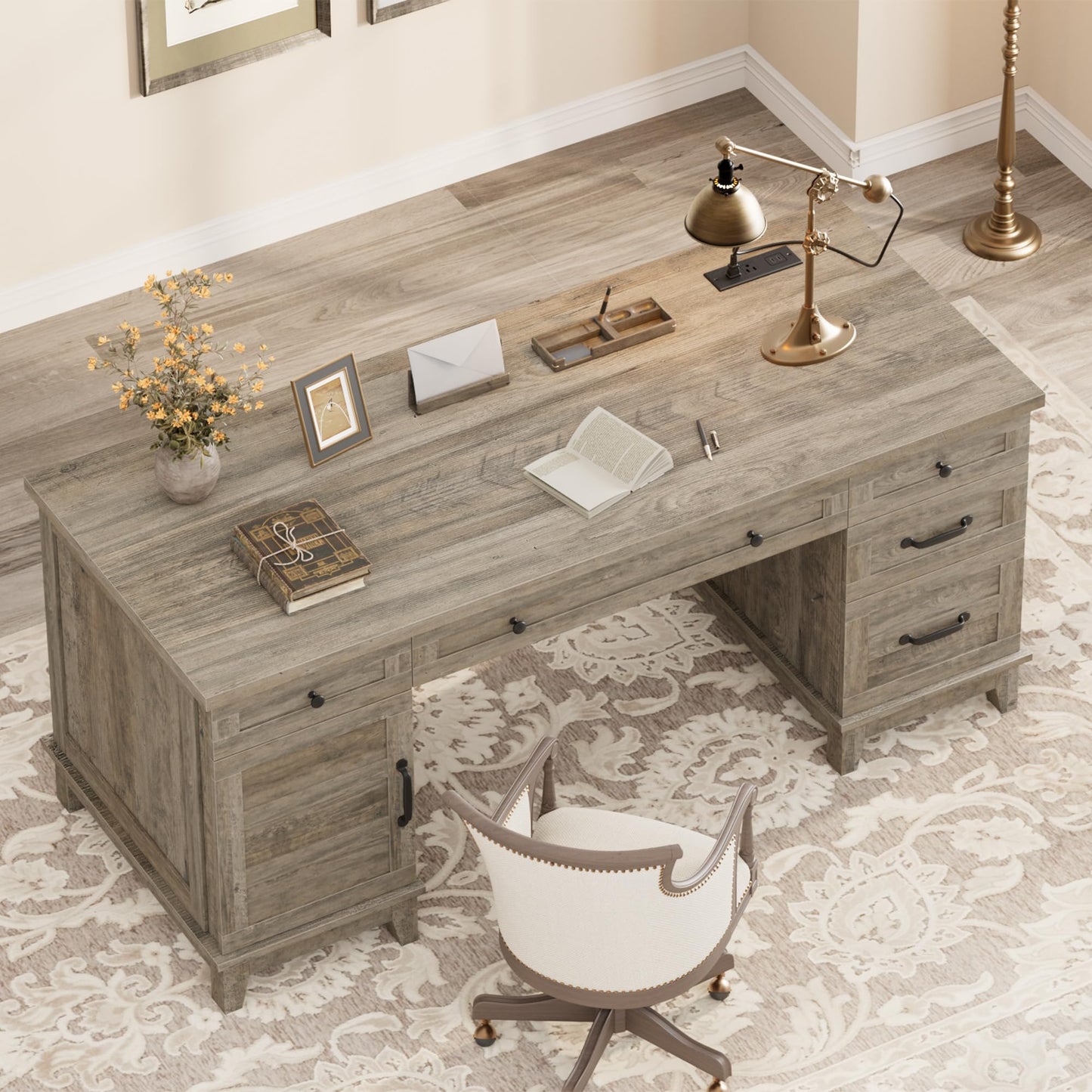 Garvee 60" Wooden Home Office Desk with File Drawers, Executive Desk with Adjustable Cabinet, Farmhouse Wood Desk with Power Outlet, Distressed Study and Work Table, Rustic Grey