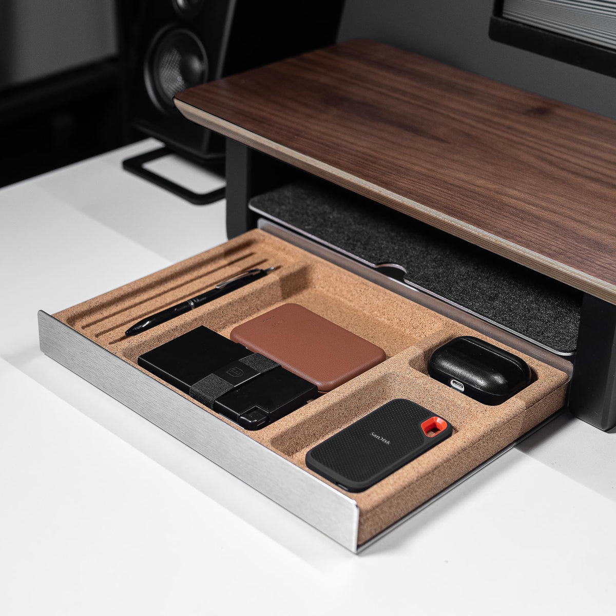 Raico Desk Shelf Mini Monitor Stand, Compact Walnut Wood Organiser, Small Desk Setup, Ergonomic Home Office Accessory (Walnut | 18.8 Inches)