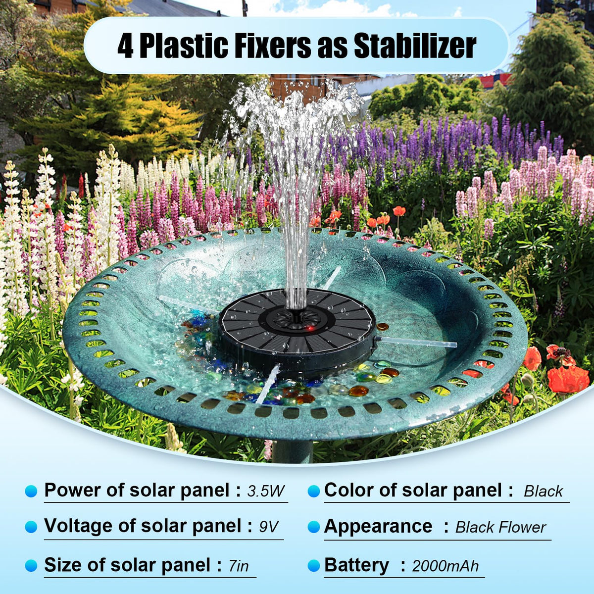 Solar Fountain Work On Cloudy Day,Solar Water Bird Bath Fountain with Faster Conversion Glass Solar Panel and Power Indicator,Built-in 2000mAh Battery,Outdoor Garden Decor(Black Panel)