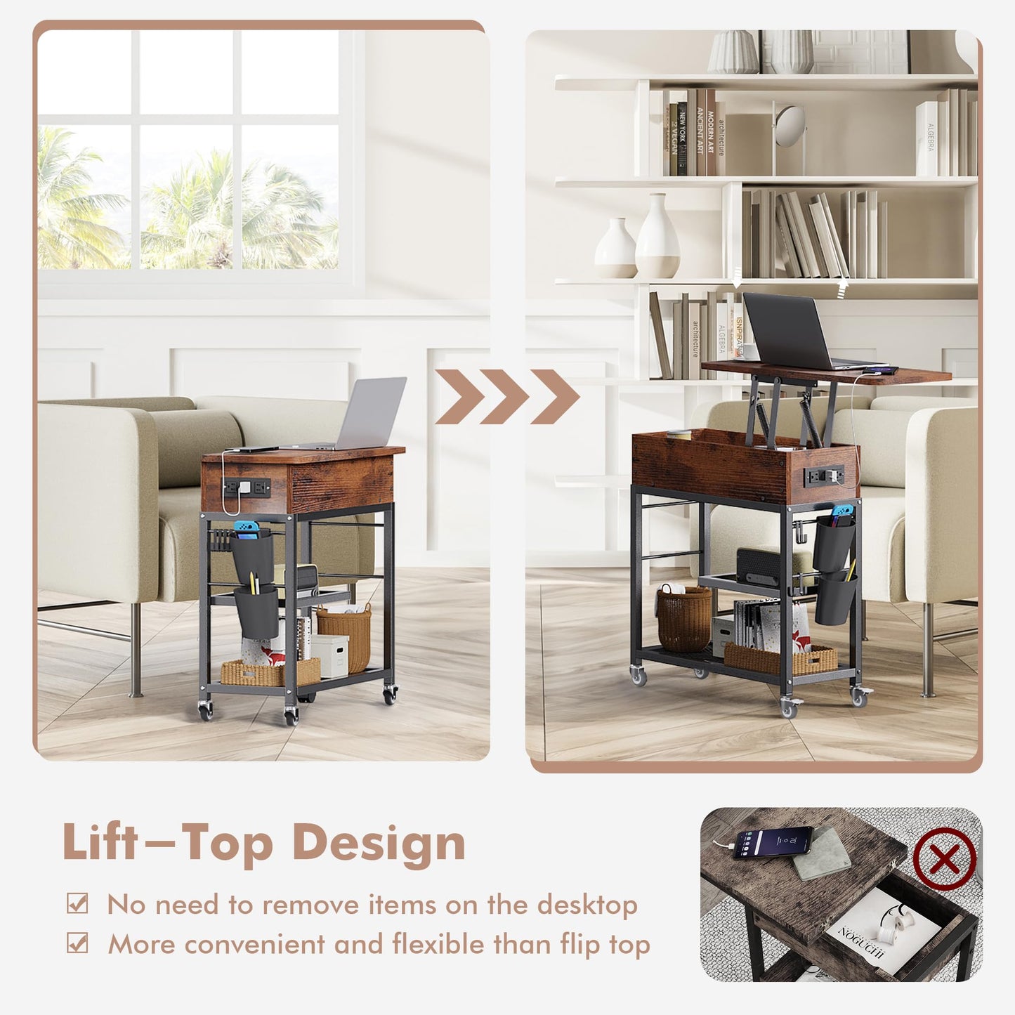 Colima Lift Top End Table with Charging Station and Wheels, Sofa Side Table with USB Port & AC Outlets, Movable Bedside Nightstand with Side Bag for Office Living Room Bedroom(Rustic Wood)