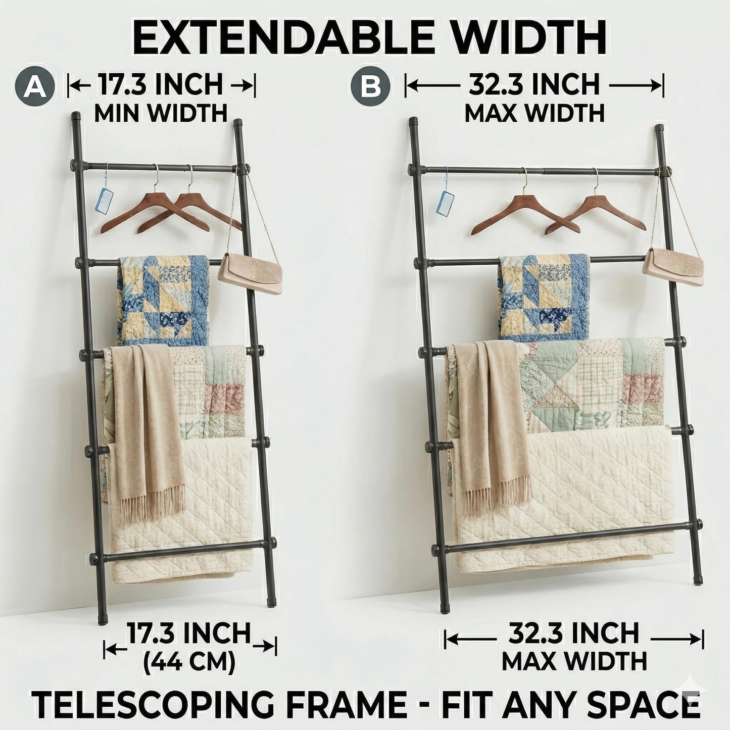 Blanket Ladder Black Expandable Width (17.3-32.3 inch) 5.4 Ft Tall 5 Rungs Metal Quilt Holder Rack Wall Leaning Strong Load Capacity, Modern Farmhouse Decor Easy Assembly for Living Room,Bedroom