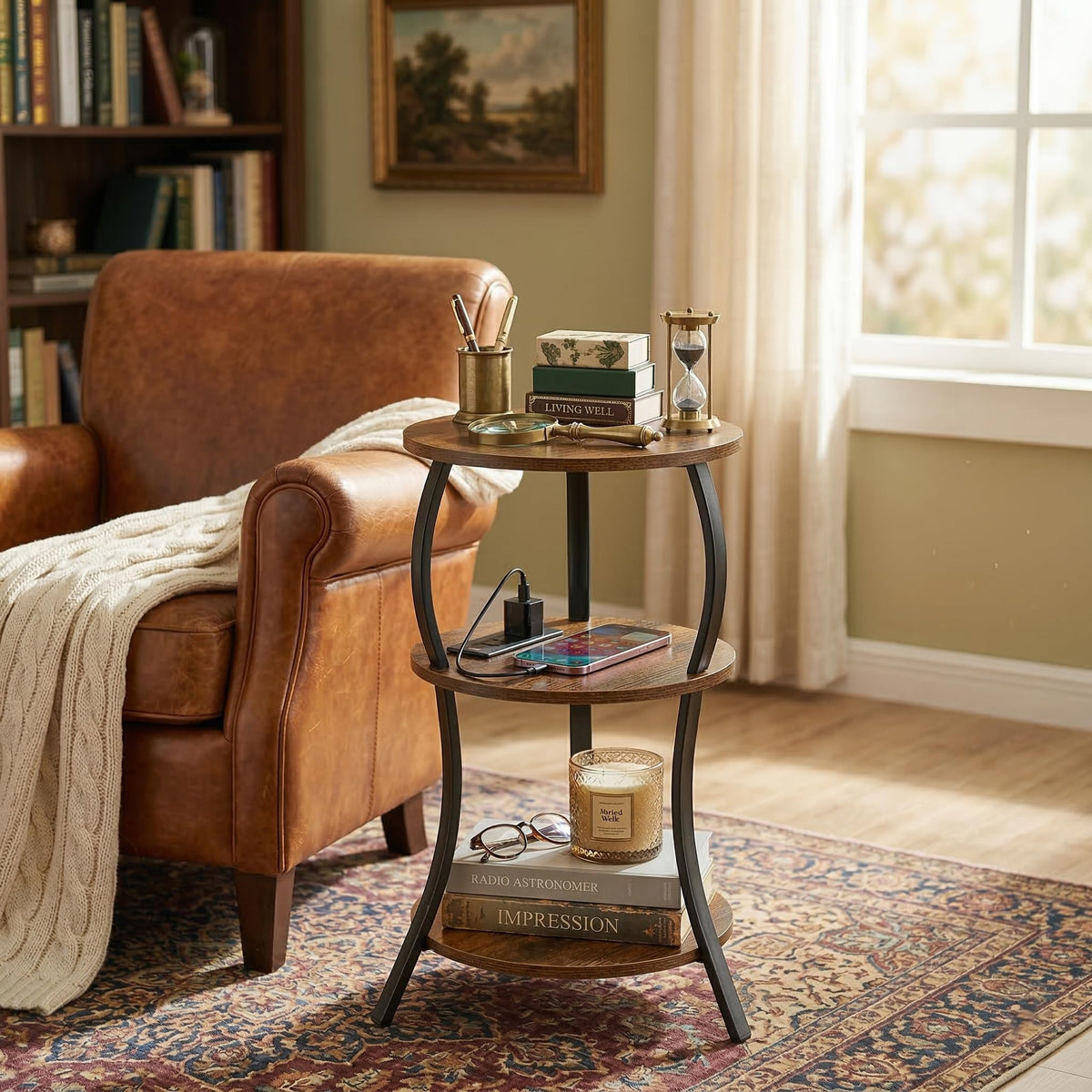 Small Round Side Table with Charging Station, 3-Tier Waist Circular End Table with Storage Shelf, Compact Tea Sofa Side Table Small Spaces, Round Corner Coffee Table for Living Room Bedroon,Brown