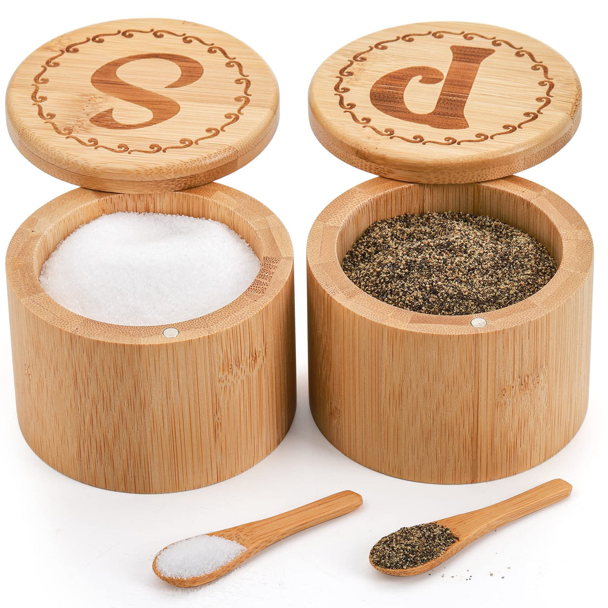 Tosnail 2 Pack Bamboo Salt and Pepper Holder Box with 2 Spoons, Spice Jars Containers, Seasoning Storage Box with Swivel Lid and Magnet Lock - 6 oz Capacity