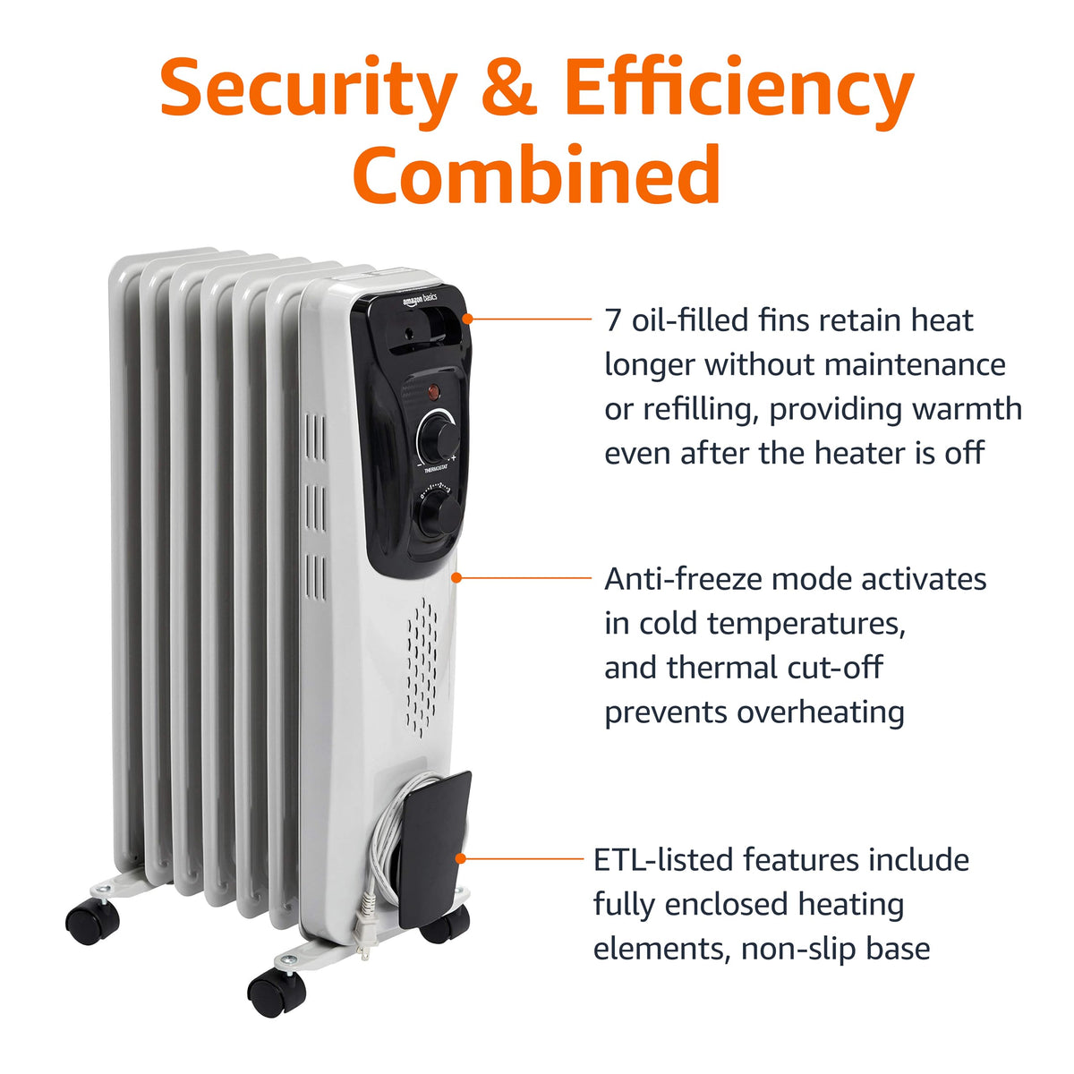 Amazon Basics Portable Oil Radiator Heater, Indoor Use, 3 Heat Settings, Over-Heat Protection, ETL-certified Safety, 7 Oil-Filled Steel Fins, 1500W, Tip-Over Protection, 11"D x 14.8"W x 25.2"H, White