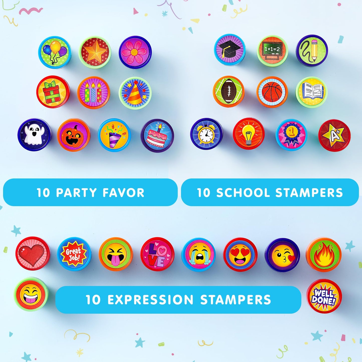 JOYIN 50 Pcs Assorted Stamps for Kids - Self-Ink Stamps with 50 Designs for Birthday Party Favor, Carnival Prizes, School Stampers, Goodie Bag, Classroom Treasure Box Toys (Zoo, Holiday Stampers)