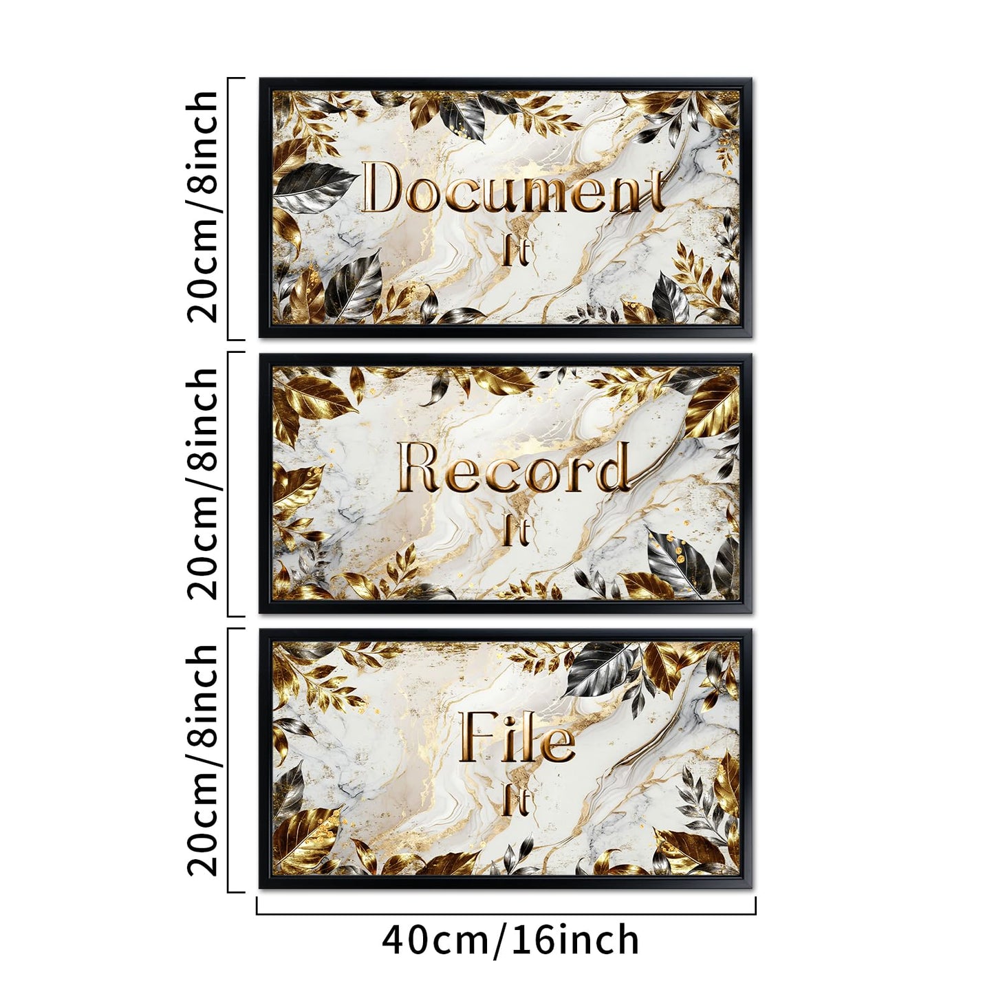 Visual Art Decor Office Decor Sign Canvas Wall Art Gold Grey Leaves Painting Black Frame Sayings Pictures Canvas Print 8"x16"x3Pcs, with Hooks Home Office Decoration for Woman and Man