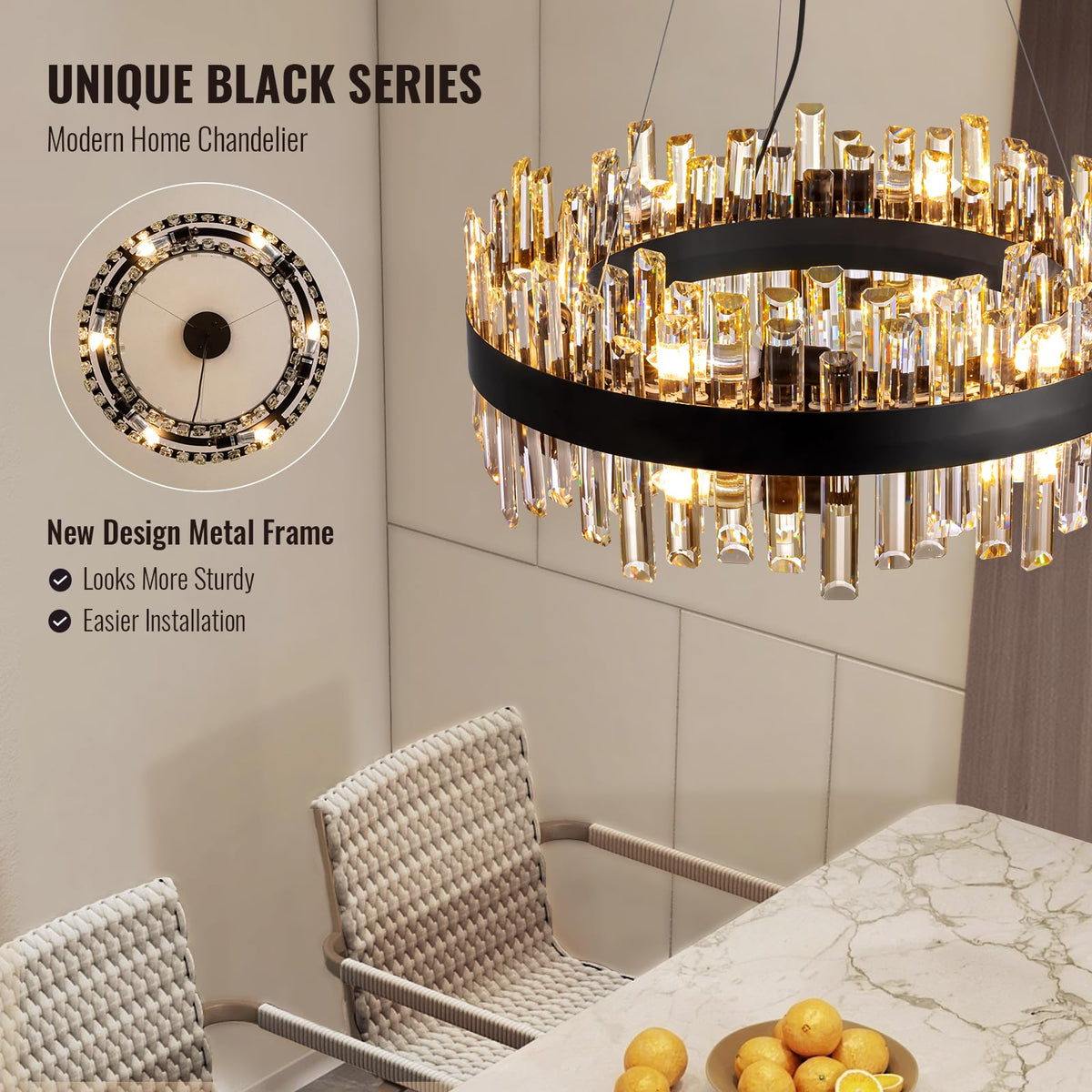 Siljoy 23.6'' Modern Crystal Chandelier, Luxury 2-Tiers Raindrop K9 Crystal Adjustable Flush Mount Hanging Ceiling Light for Dining Living Room Kitchen Entryway Foyer, E12 x 12, Matte Black