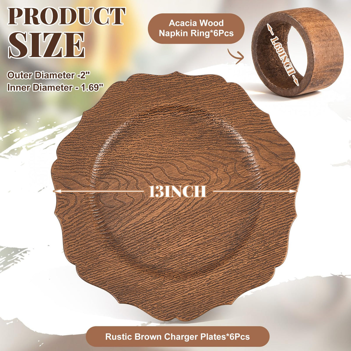 Havawish 6 Set 13" Rustic Brown Wooden Textured Acrylic Charger Plates with Handmade Acacia Wood Napkin Ring, Farmhouse Round Charger with Scalloped Rim for Dining Weddings Party Table Decor