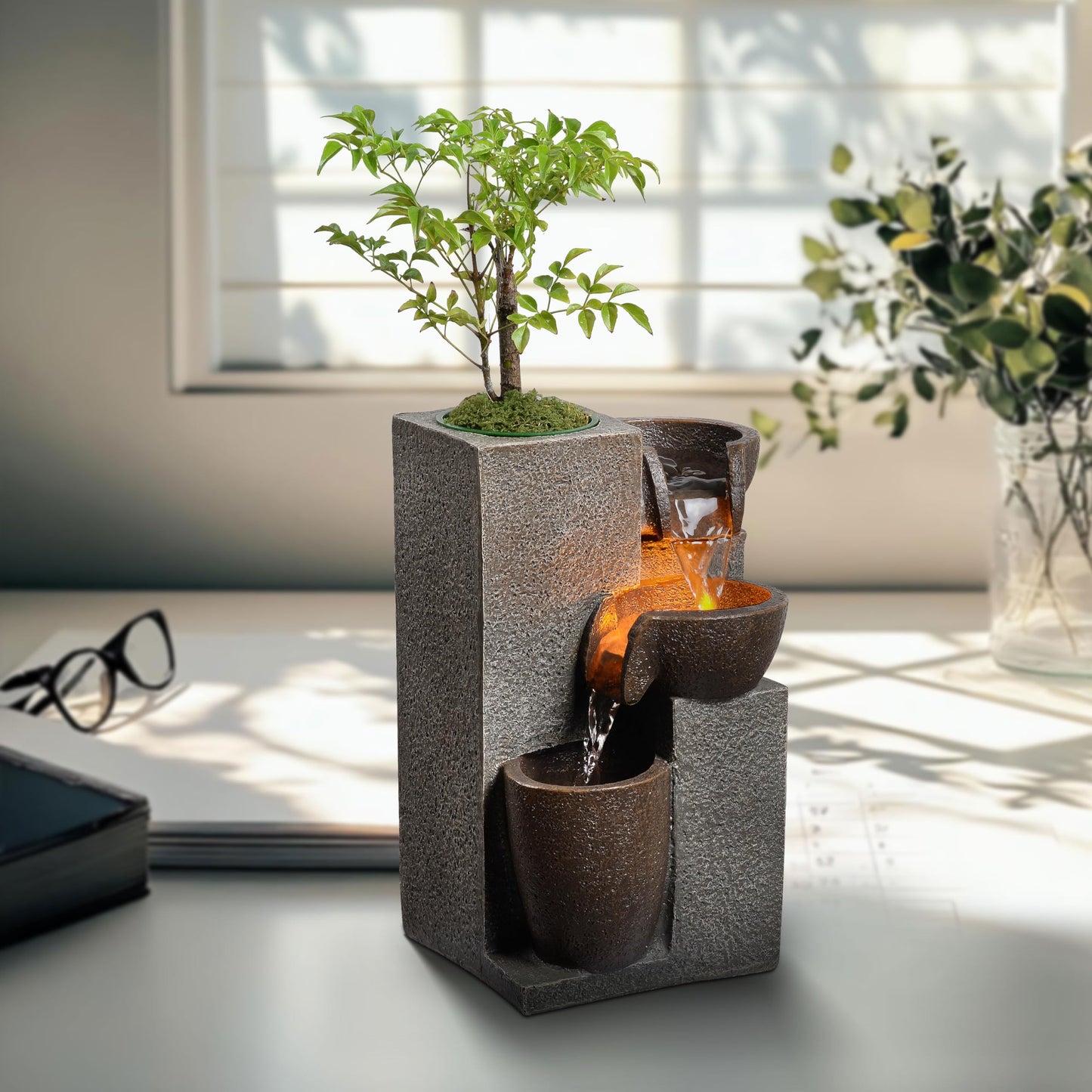 Mseonwxi Resin Tabletop Waterfall Fountain with LED Light & Plant Pot, Indoor Desk Water Fountains for Home Office Decor (22028N)