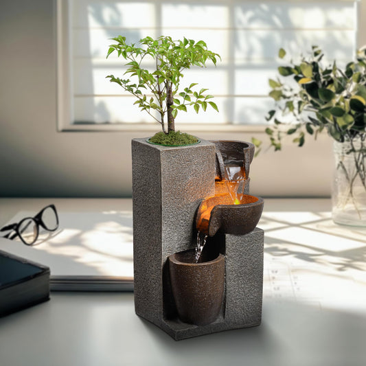 Mseonwxi Resin Tabletop Waterfall Fountain with LED Light & Plant Pot, Indoor Desk Water Fountains for Home Office Decor (22028N)