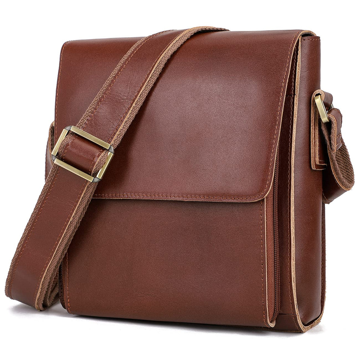 Augus Leather Messenger Shoulder Crossbody Bag for Men Work Business Vintage Magnetic Buckle Big Capacity Adjustable straps (Brown red)