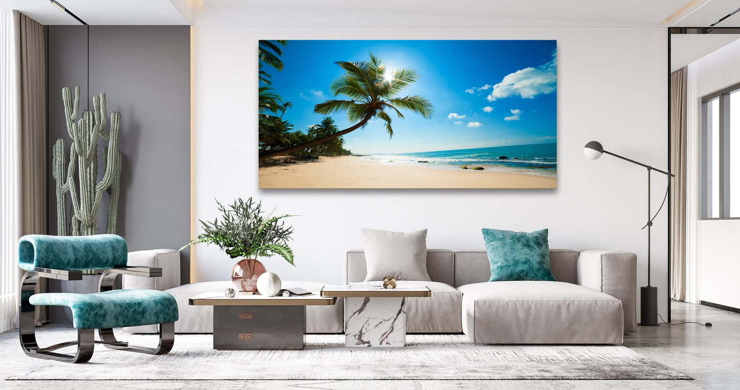 Muolunna X0675 Large Canvas Wall Art Summer Ocean Waves Prints Coconut Trees Beach Seascape Painting Hawaii Sea Nature Pictures Stretched and Framed for Living Room Home Office Wall Decor Artwork, 30x60inch x1pcs