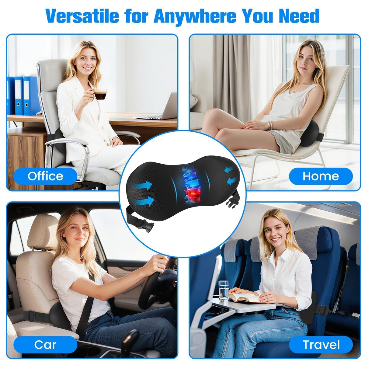 SweetSlubr Lumbar Support Pillow for Office Chair - Memory Foam Lumbar Pillow with Detachable Strap & Breathable Cover, Ergonomic Back Support for Office Chair, Car Seat Cushion, Bed Rest (Black)