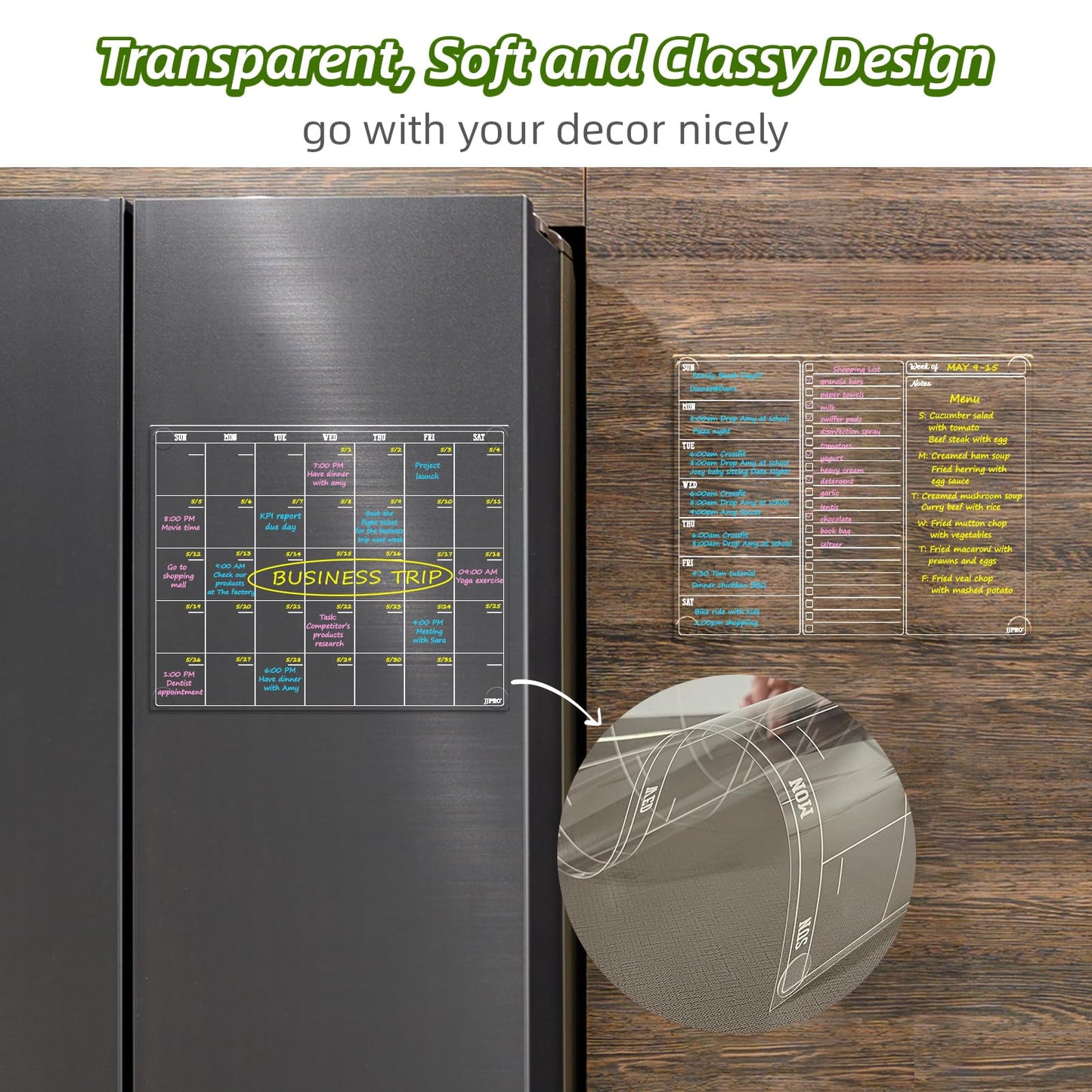 JJPRO Non-Magnetic Dry Erase Calendar for Fridge, Monthly Calendar, Weekly Planning Board Bundle for All Smooth Surfaces. Clear Reusable Calendar Stick to Fridge,Cabinet,Door&Glass
