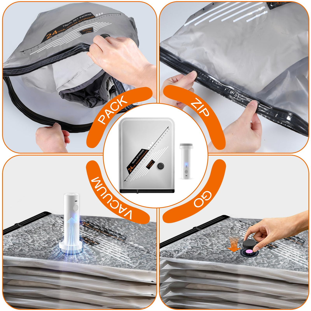 Travel Vacuum Bags with Cordless Electric Pump, GZOKMOG 12 Pack Space Saver Storage Bags, Vacuum Seal Bags for Clothing, Compression Packing Cubes for Luggage Suitcase
