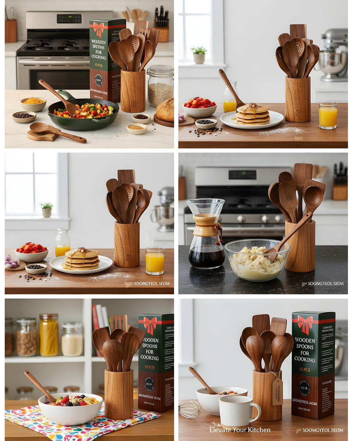 12-Piece Natural Teak Wood Utensil Set with Holder & Rest - Nonstick Cooking Spoons, Spurtles, Heat Resistant Tools