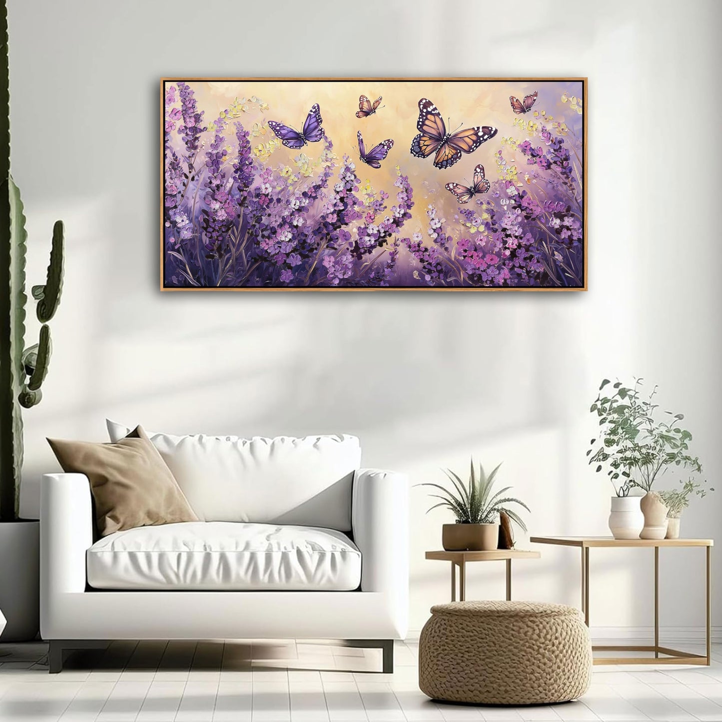 yiijeah 40x20 Inches Poster Frame Wall Art - Purple Lavender Butterfly Picture Artwork Wall Decor for Bedroom Living Room Office Home Decoration