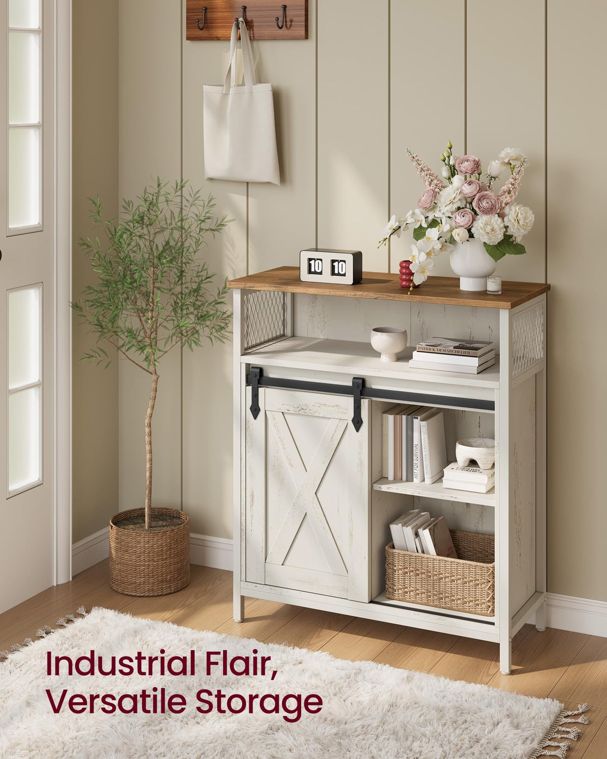 VASAGLE Buffet Cabinet, Coffee Bar Storage Cabinet, Sideboard with 1 Sliding Barn Door, Adjustable Shelves, 11.8 x 27.6 x 31.5 Inches, for Living Room, Rustic White and Honey Brown LSC089WJ02S