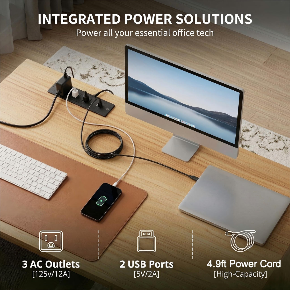FURSUN 58" Executive Desk with Charging Station & File Drawer, Modern Fluted Home Office Desk with 5 Drawers & Keyboard Tray, Large Computer Writing Desk, Natural Oak