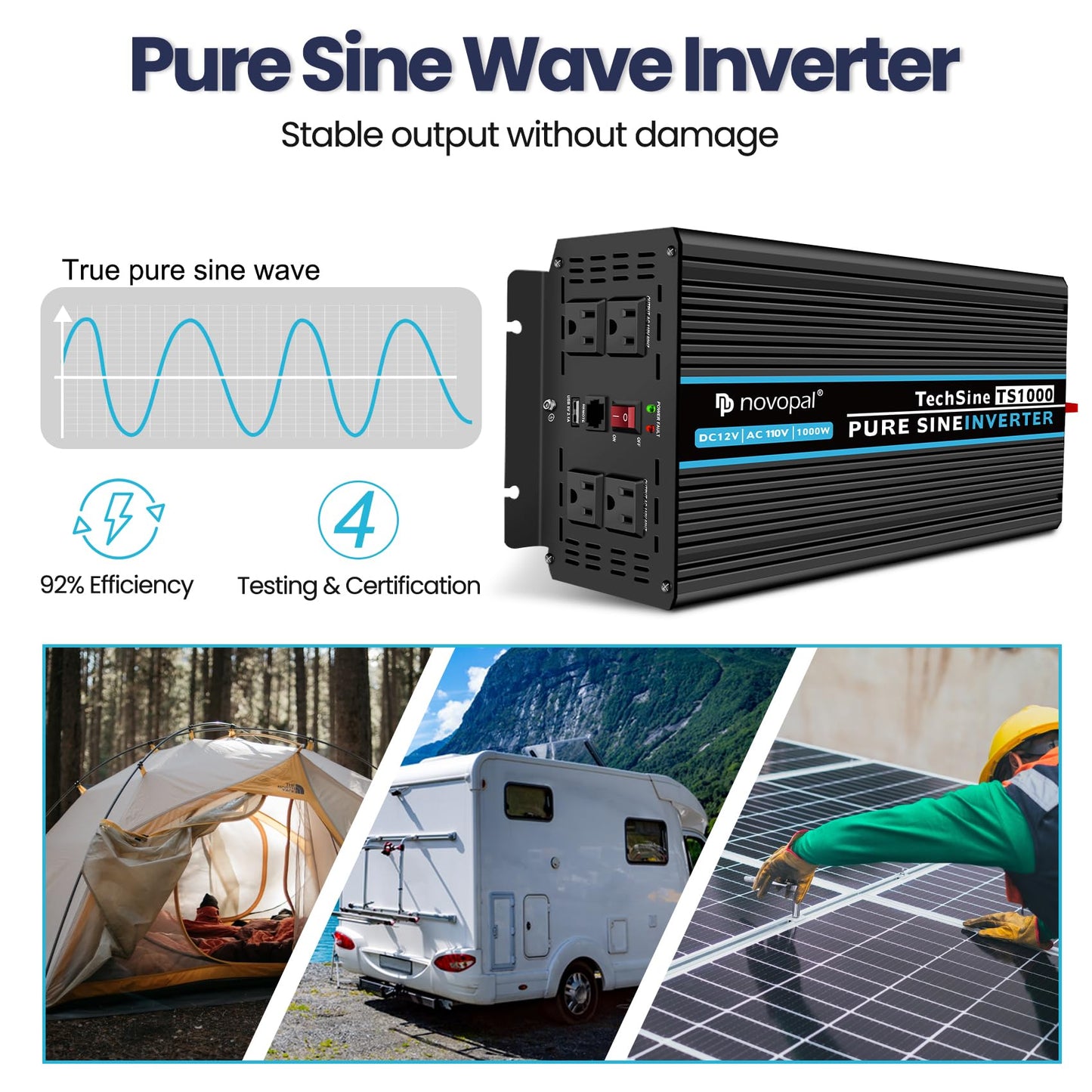 NOVOPAL 1000W Pure Sine Wave Power Inverter 1000 Watt 12V DC to 110V 120V AC,4 AC Outlets, 1 x USB Ports for Off-Grid Solar Car RV Truck Boat with 16FT Wired Remote
