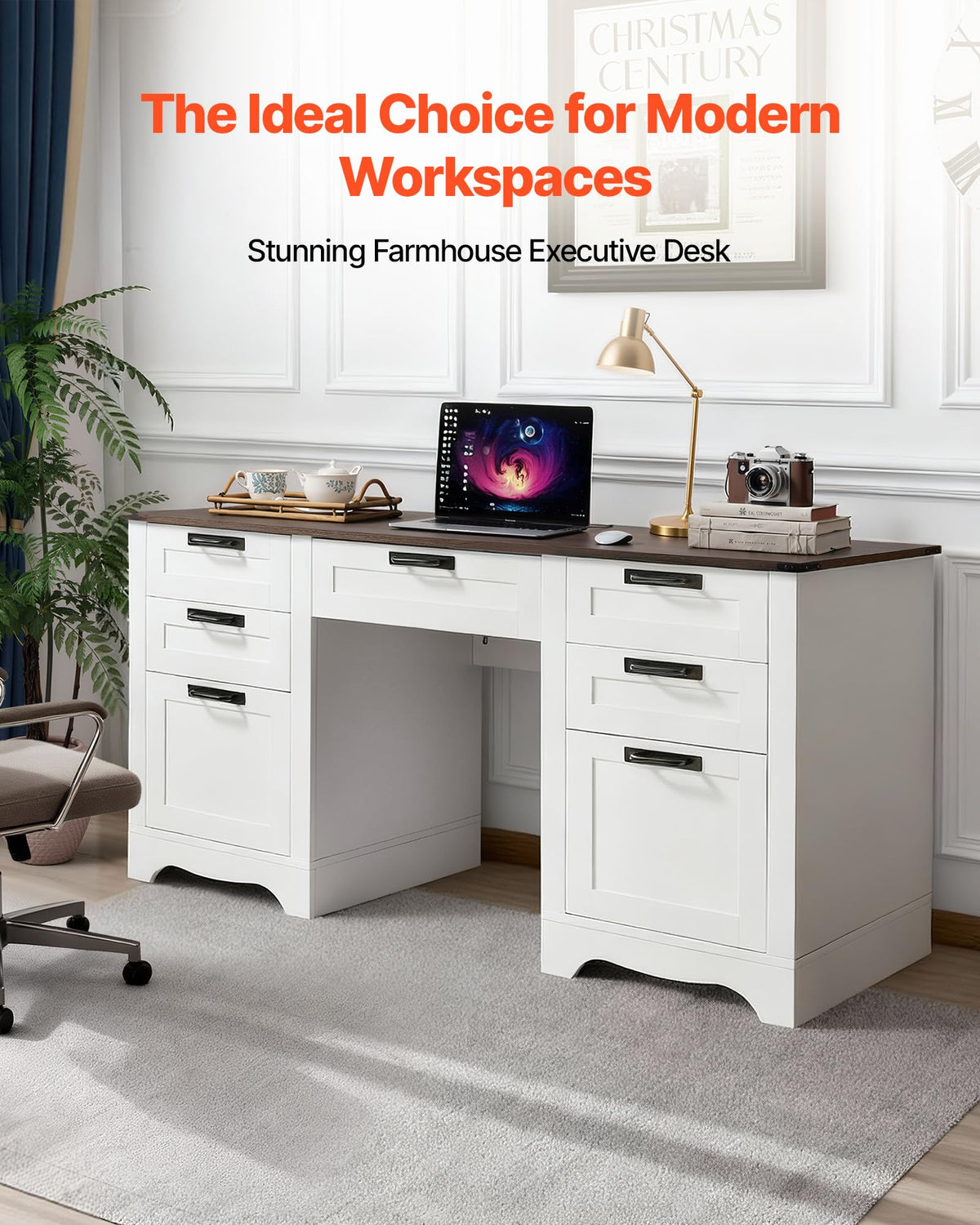 VEVOR 60" Executive Desk with Drawers, Farmhouse Home Office Desk with Charge Station, Keyboard Tray, File Storage Cabinet, 200 LBS Load Capacity Wood Table, Easy Assembly, for Work Study, Walnut