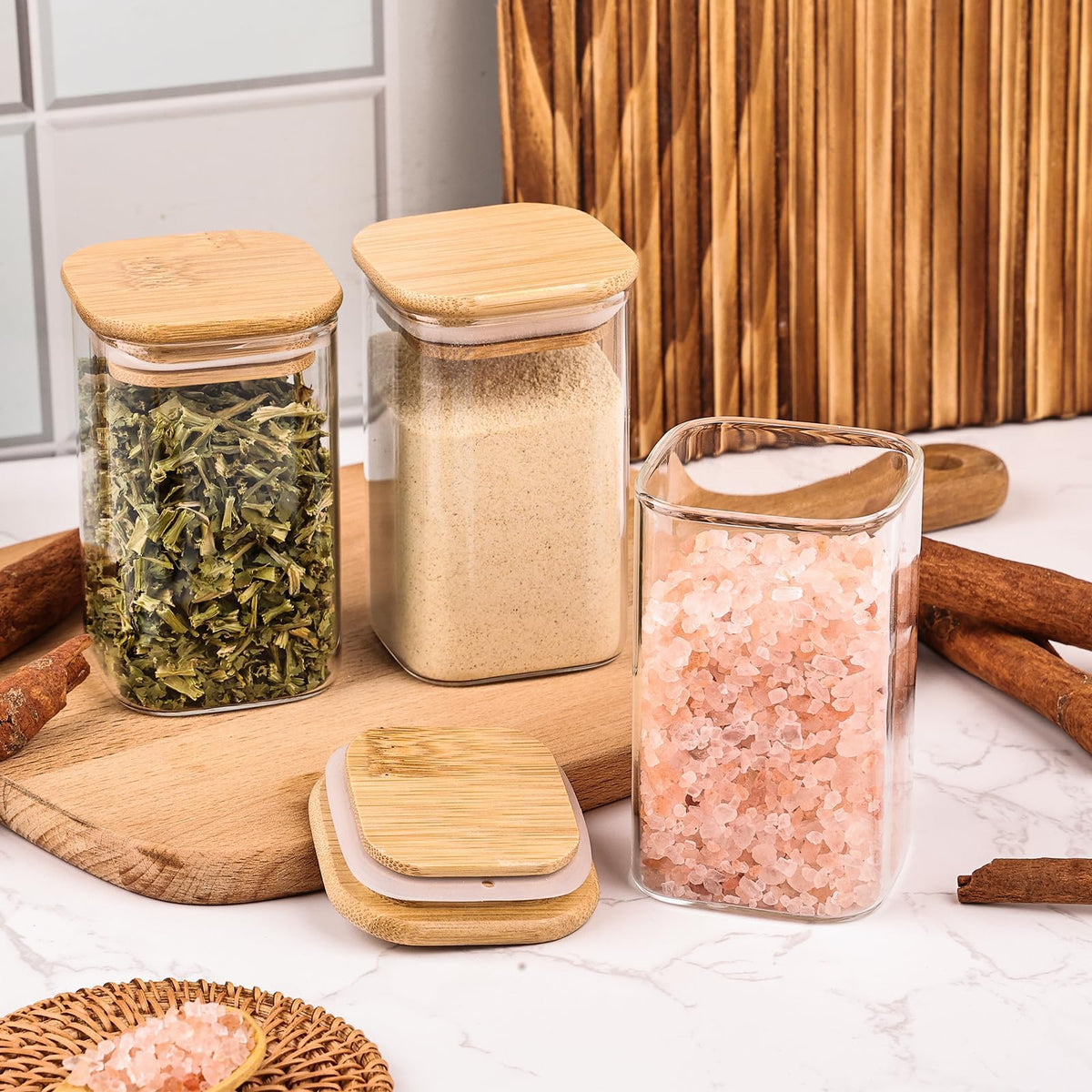 6oz Glass Spice Jars with Bamboo Lid and Label, 12 Pack Square Glass Container, Small Food Storage Containers for Kitchen, Clear Empty Seasoning Jar for Sugar, Salt, Coffee Bean, Herb, Borosilicate