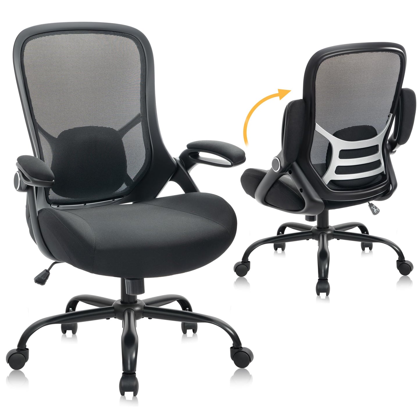 HYLONE Big and Tall 400lbs Heavy Duty Office Chair, 5" Thickened Seat Ergonomic Desk Chair with Adjustable Armrests, Home Office Computer Chairs for Long Hours Mesh Executive Chair(Black)
