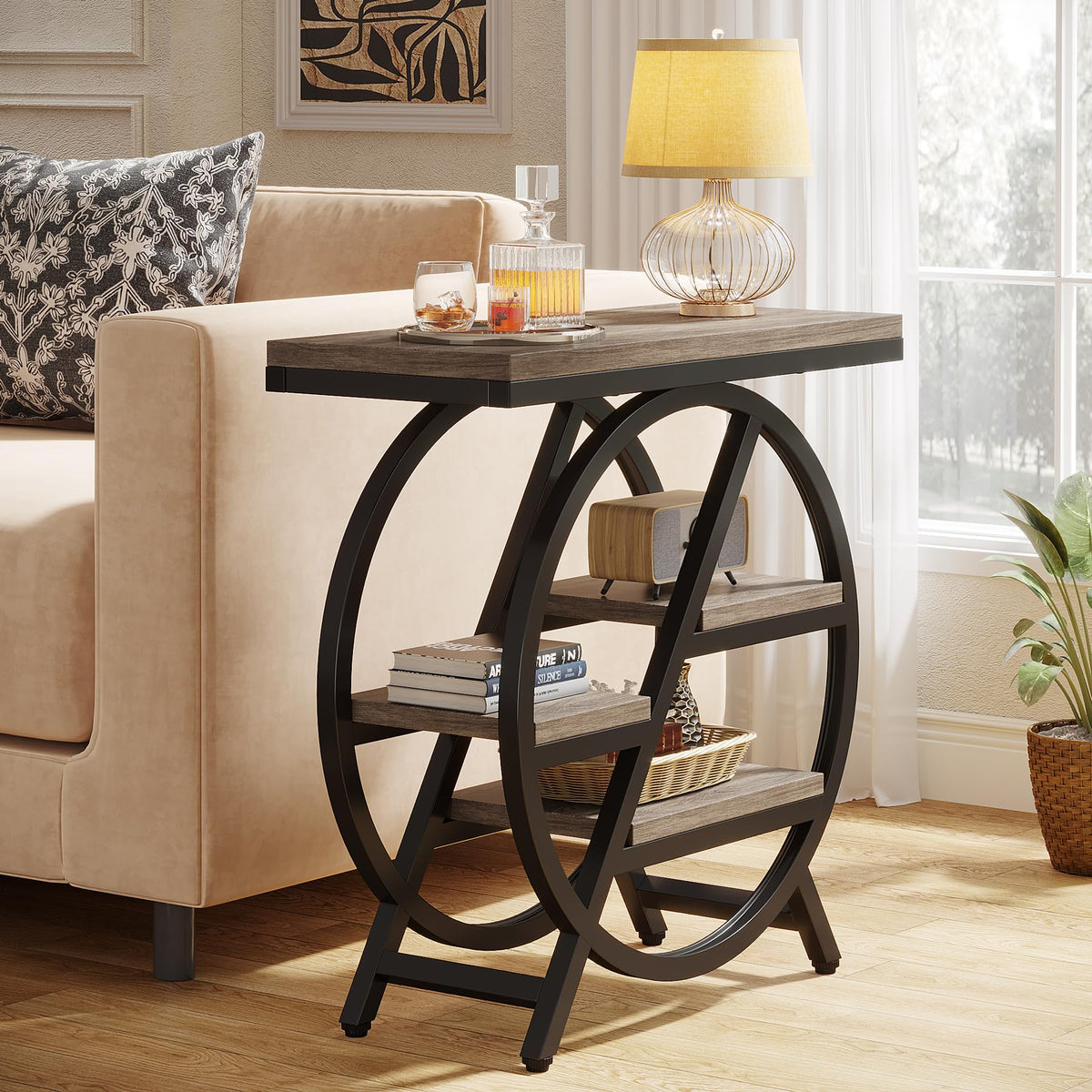 LITTLE TREE End Table, Narrow Side Table with 4-Tier Large Storage Space, Modern Bedside Table for Living Room, Home Office, Bedroom, Grey