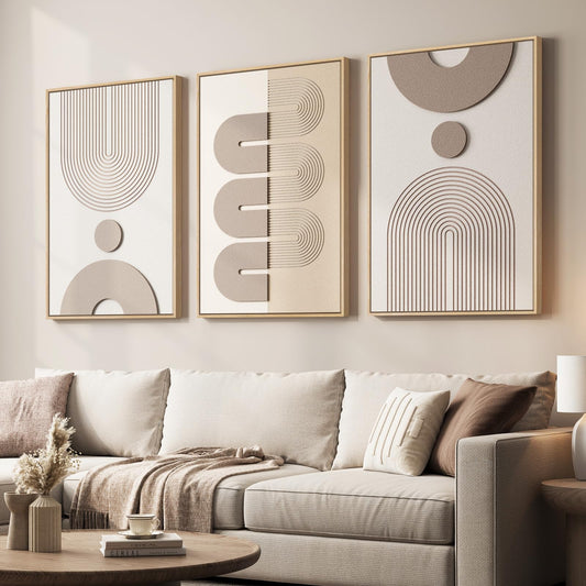 Large 3D Textured Framed Boho Neutral Abstract Wall Art for Living Room, 3 Piece Modern Paintings Artwork for Walls, Minimalist Beige White Geometric Pictures for Bedroom Hallway Office Wall Decor 24x36 In