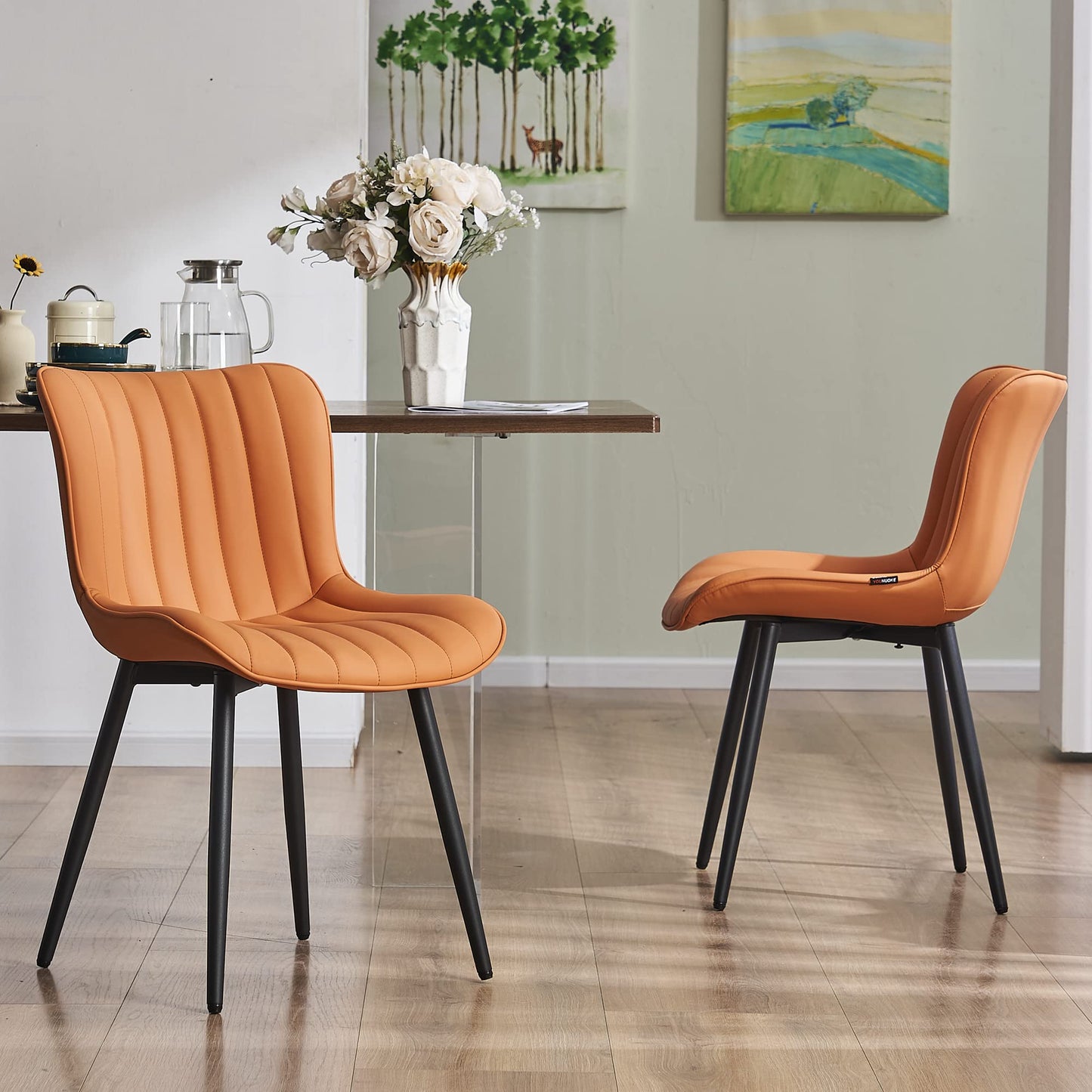 YOUNUOKE Dining Chairs Set of 2 Camel Mid Century Modern Kitchen Chairs Armless Faux Leather Upholstered Dinner Side Chair with Back for Guest Reception Living Room, Matte Orange
