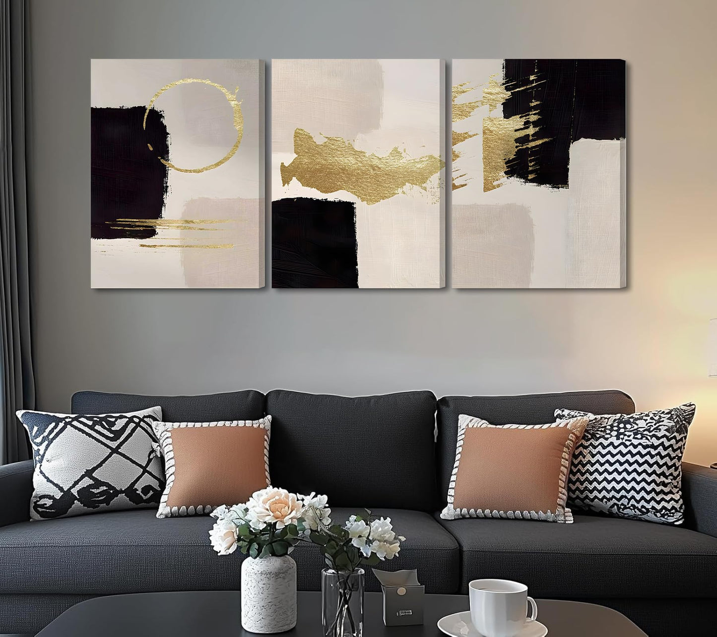 3Pcs Black and White Abstract Canvas Wall Art, Minimalist Black Beige Gold Painting Pictures Wall Decor, Modern Posters Print Artwork, for Living Room Bedroom Office Decoration, 16x24in Framed
