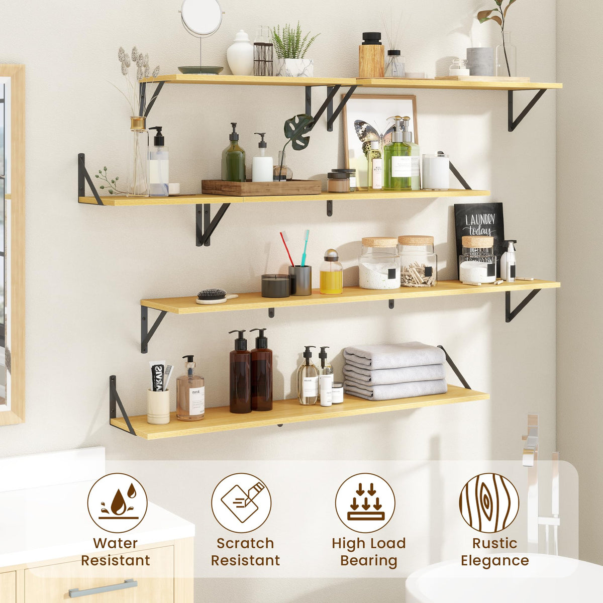 Acovy Floating Shelves for Wall,48" Wx8 D Wood Wall Shelves,Hanging Storage Floating Shelf with Metal Brackets,Wide Floating Bookshelf for Living Room,Office,Bedroom,Bathroom,Set of 2,Oak