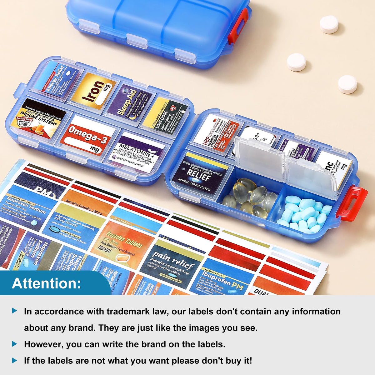 14 Grids Travel Pill Organizer Box with 415-Pcs Medicine Name Labels - Pocket Daily Pharmacy Case Container Kit - Travel Medication Holder Dispenser for Fish Oil Vitamin Supplement Storage -Clear Blue