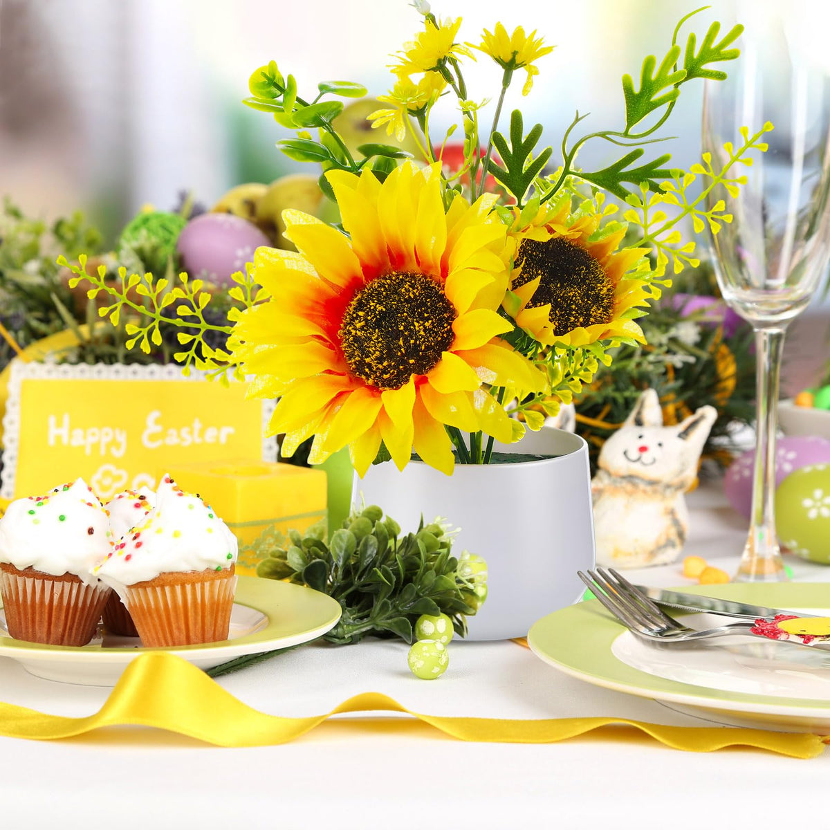 Zeyune 4 Pcs Sunflower Potted Plants Rustic Summer Spring Kitchen Wedding Table Centerpieces Silk Yellow Fake Flower with Plastic Pot for Home Bathroom Office (Classic,Sunflower)