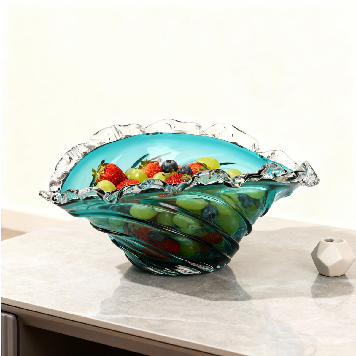suruim Hand Blown Blue Ocean Wave Crystal Glass Bowl - Large Glass Bowl Decorative Sea Glass Fruit Bowls Art for Coastal & Modern Home Office Centerpiece