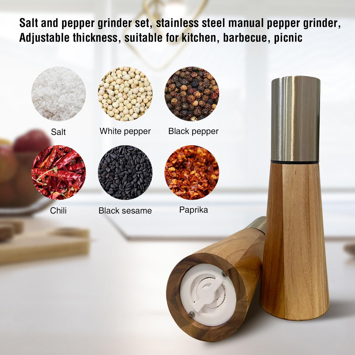 Salt and Pepper Grinder Set,Stainless Steel Manual Salt and Pepper Mill,Adjustable Thickness,Suitable For Kitchen,Barbecue,Picnic,2 Packs