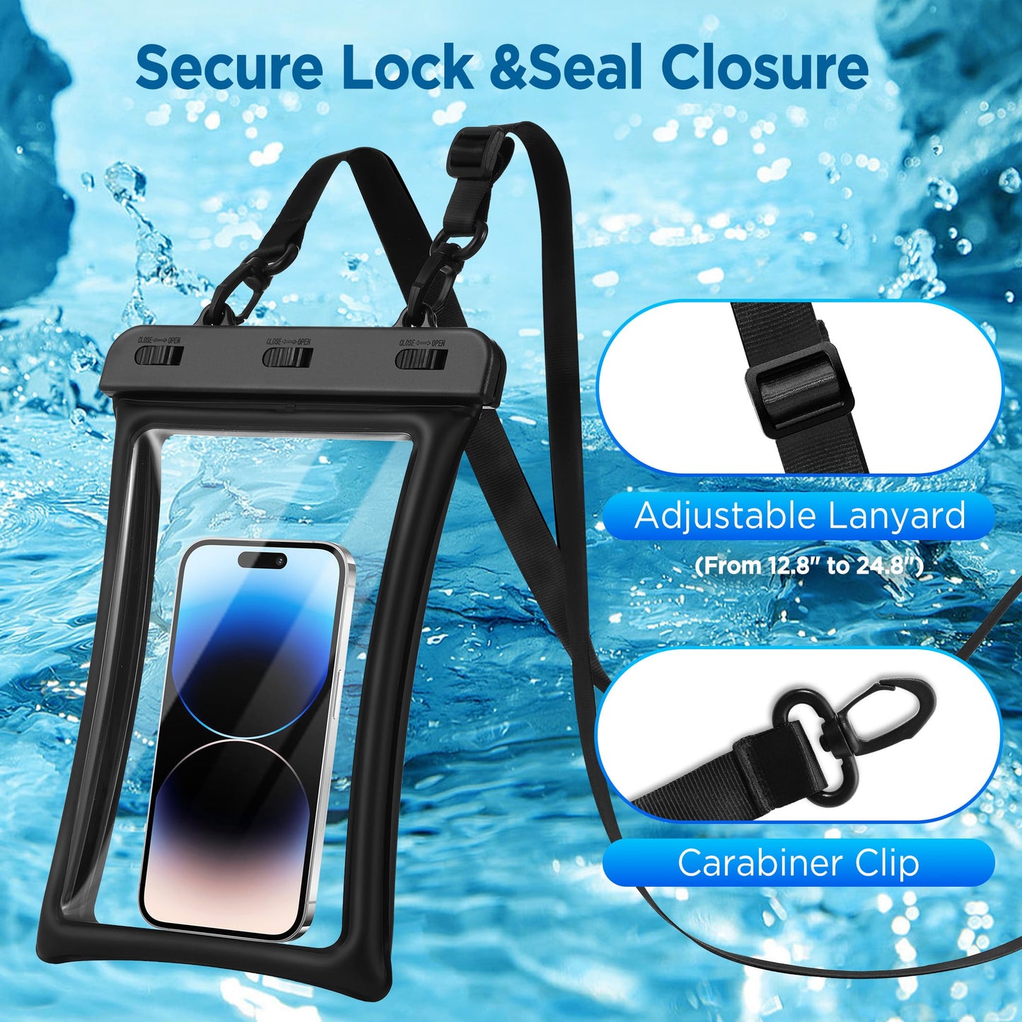 CACOE [Floatable Floating Universal IPX8 Waterproof Phone case 2 Pack-Up to 10.0",Adjustable Lanyard Phone Pouch,Cellphone Dry Bags for Vacation Beach Pool Kayak Cruise Travel Essentials（Black+Green）